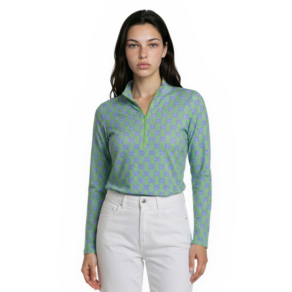 IBKUL Long Sun Shirt Women's Size XS‎ Green Blue Geometric Quarter Zip Top SPF50